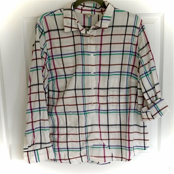 Talbots Tops - Talbots White Plaid Button-Down Shirt with Teal, Burgundy and Black Stripes